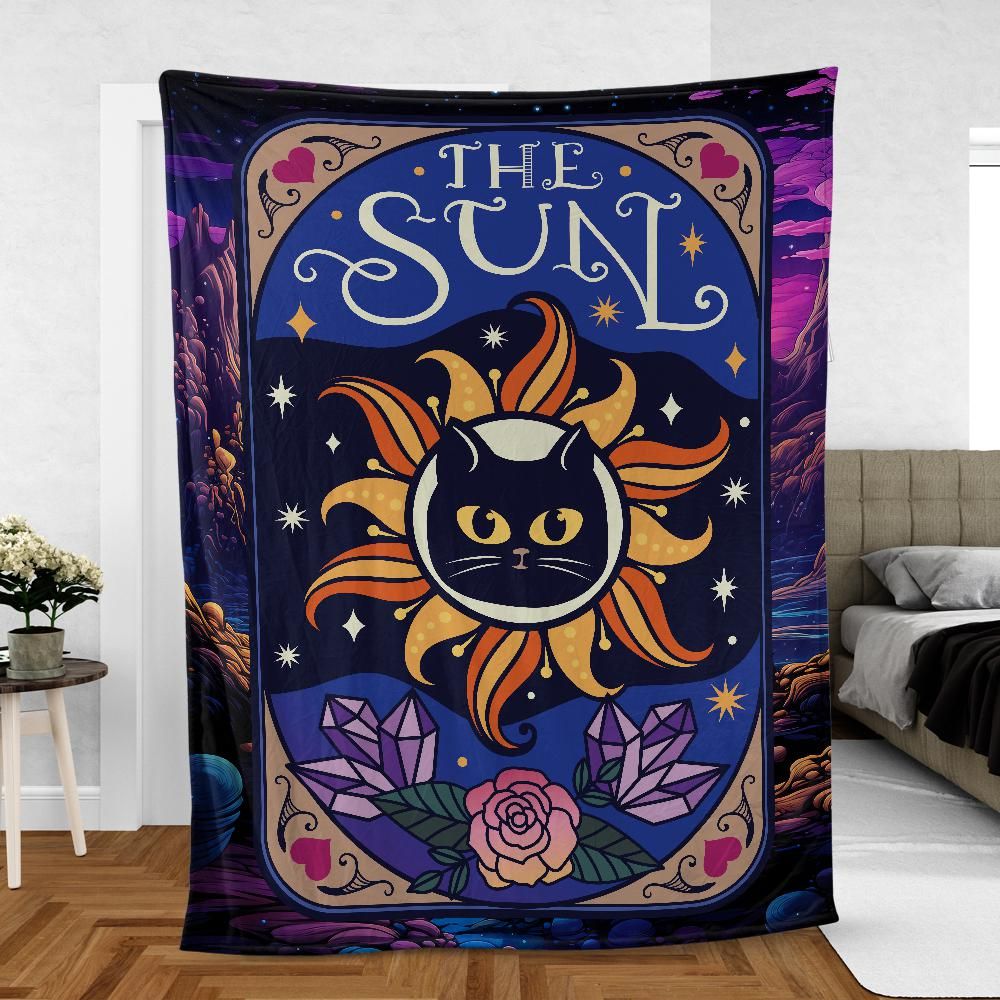 Witchy Tarot Card Sun Black Cat Blanket-MoonChildWorld