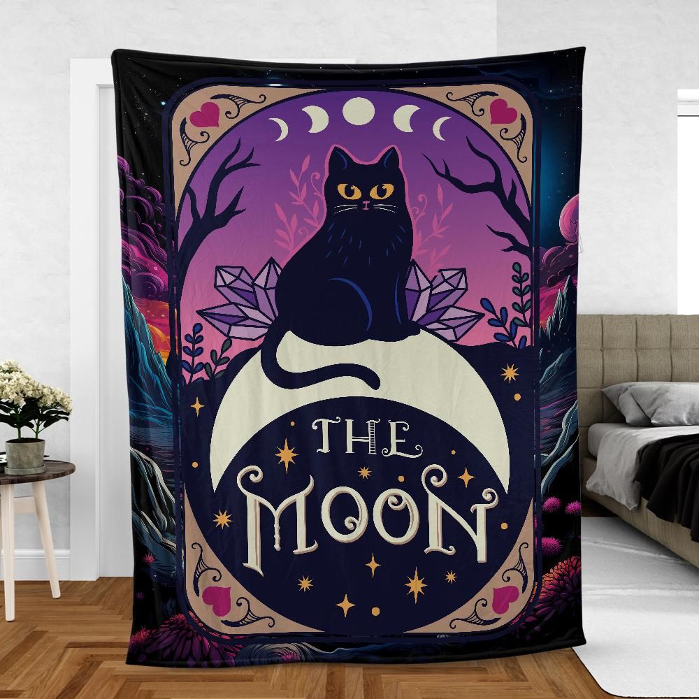 Witchy Tarot Card Moon Black Cat Blanket-MoonChildWorld