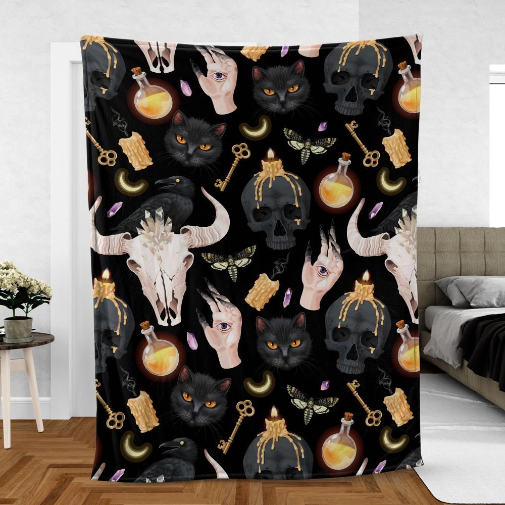 Gothic cat raven halloween Fleece Blanket-MoonChildWorld