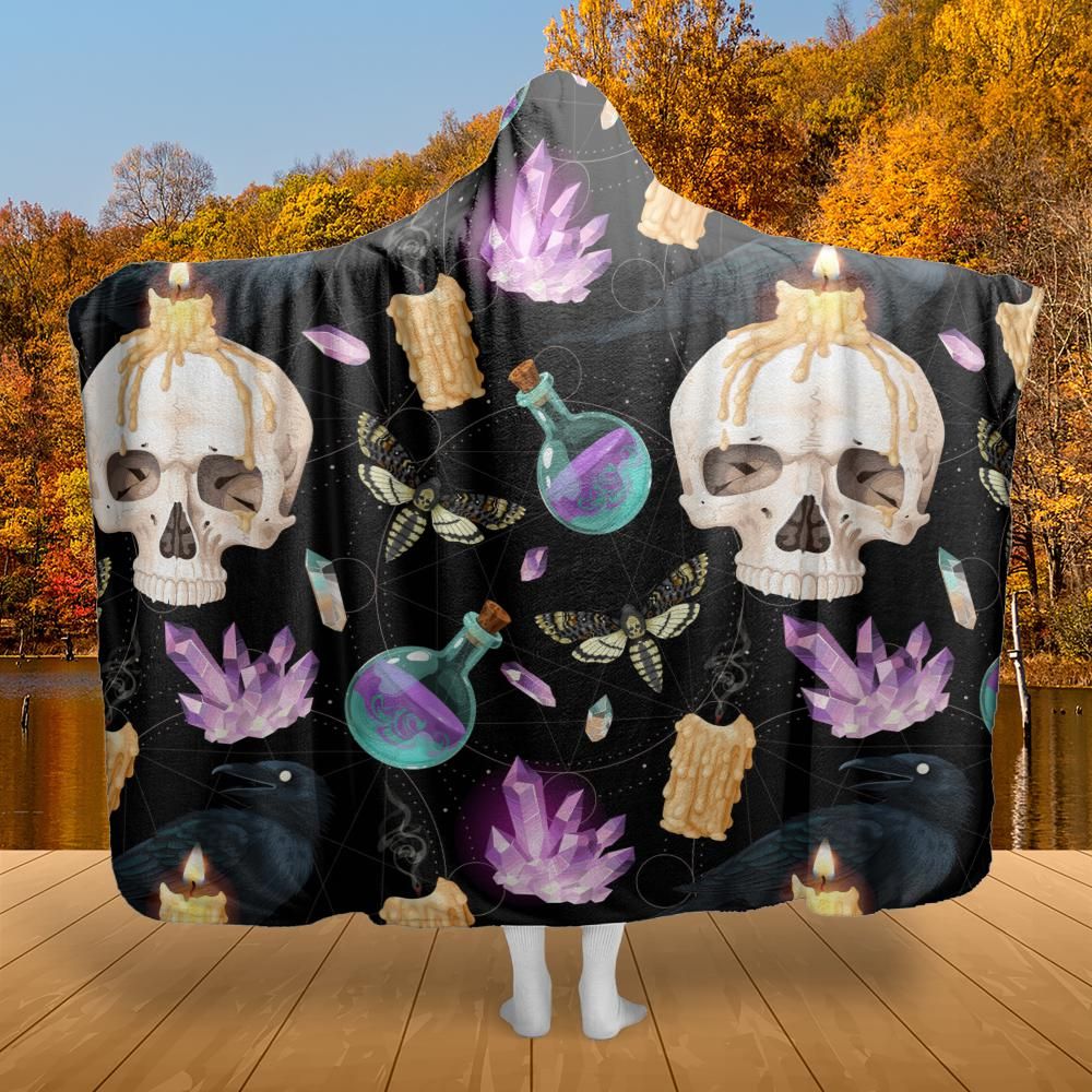 Skull Raven Witchcraft Hooded Blanket Gothic Witch Hooded Blanket-MoonChildWorld