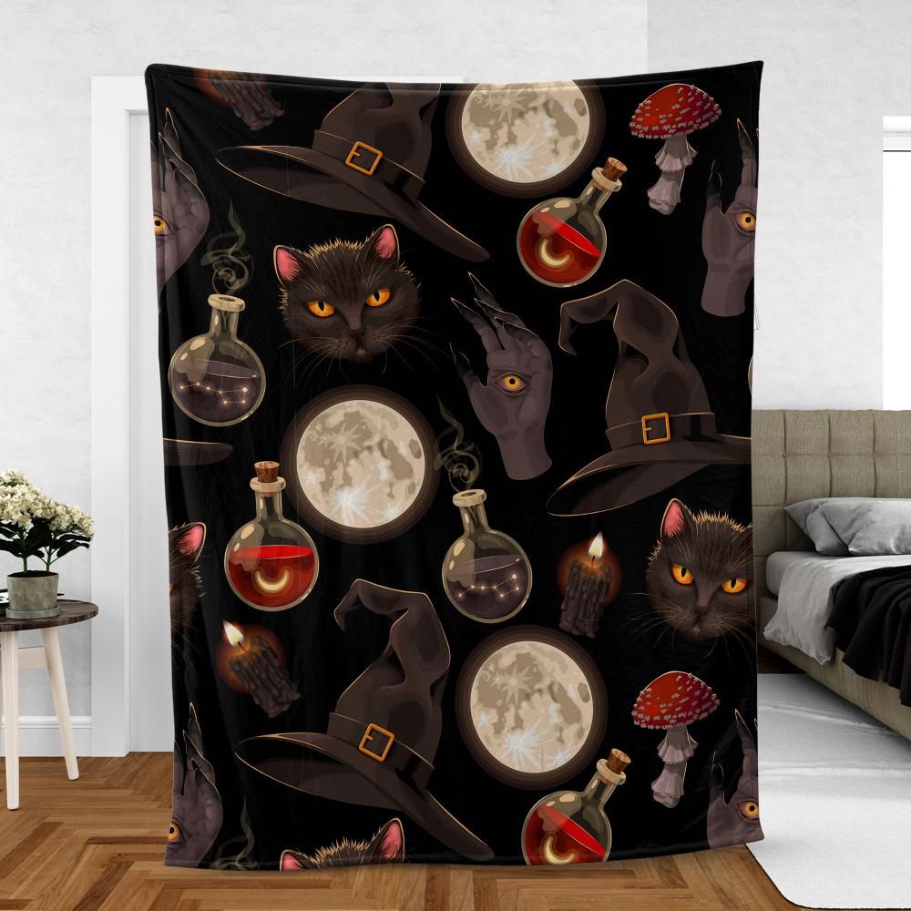 Gothic moon cat witch Fleece Blanket-MoonChildWorld