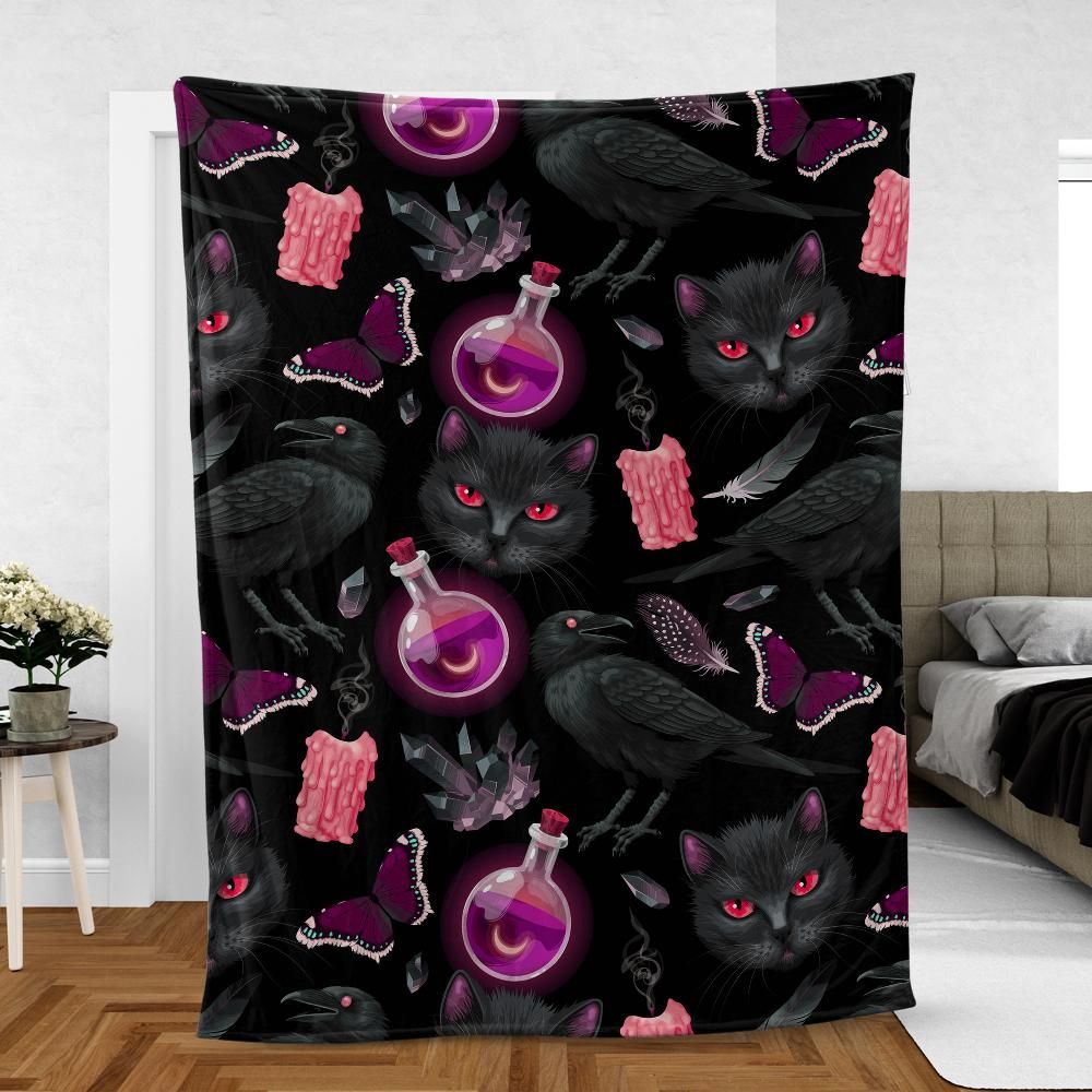 Gothic raven cat witch Fleece Blanket-MoonChildWorld
